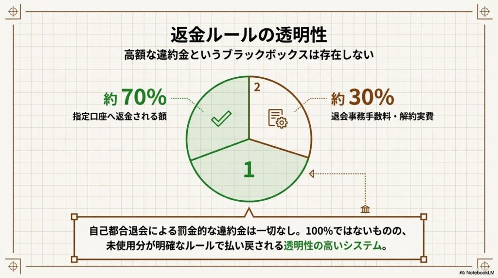 乗馬クラブクレイン退会時の未使用分における、事務手数料を除く約70%が指定口座へ返金されるルール