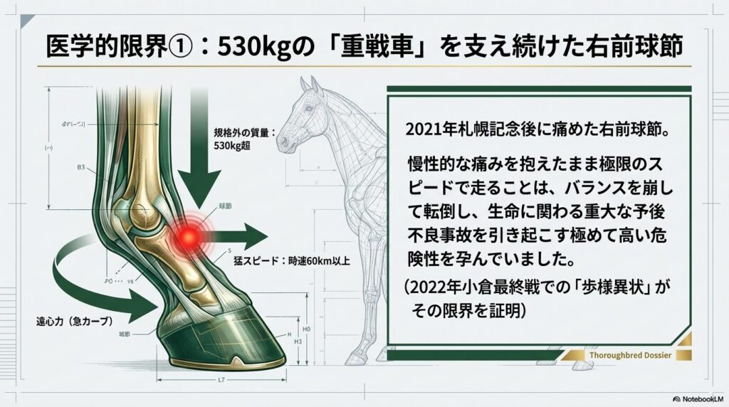 ブラストワンピースの引退理由となった530kgの巨体による右前球節への過酷な負荷