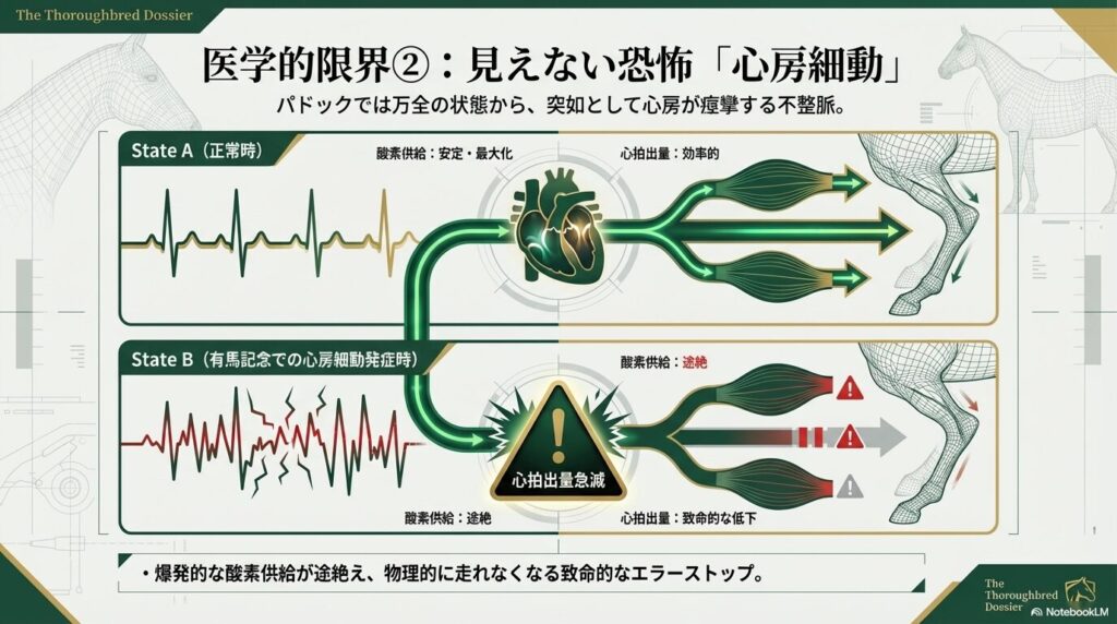 有馬記念で発症した心房細動による心拍出量急減と酸素供給途絶のメカニズム