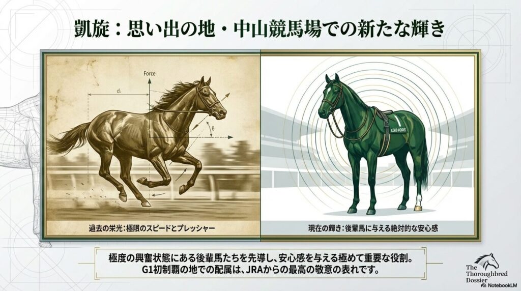 極限のスピードを競う過去の姿と、中山競馬場で後輩馬を導く現在の誘導馬の姿