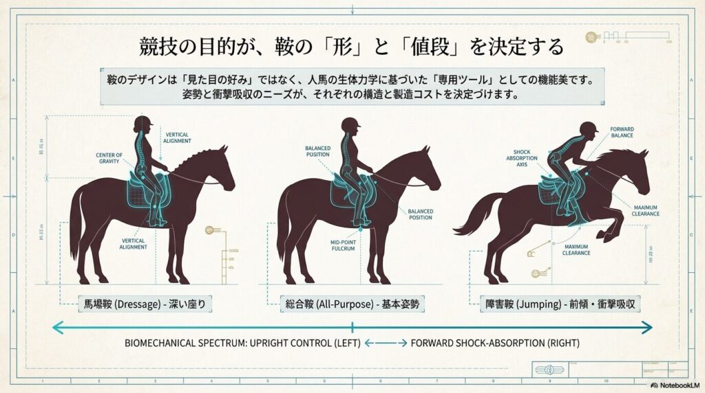 馬場鞍、総合鞍、障害鞍の乗馬における目的別の生体力学とバランスの違い