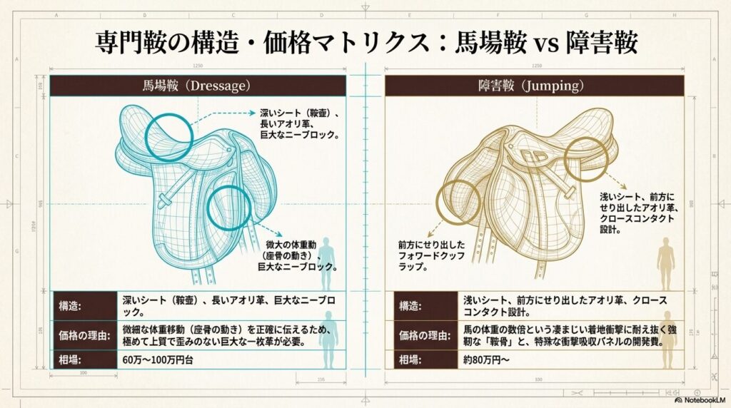 乗馬の馬場鞍と障害鞍の構造および値段の違いを比較したマトリクス表