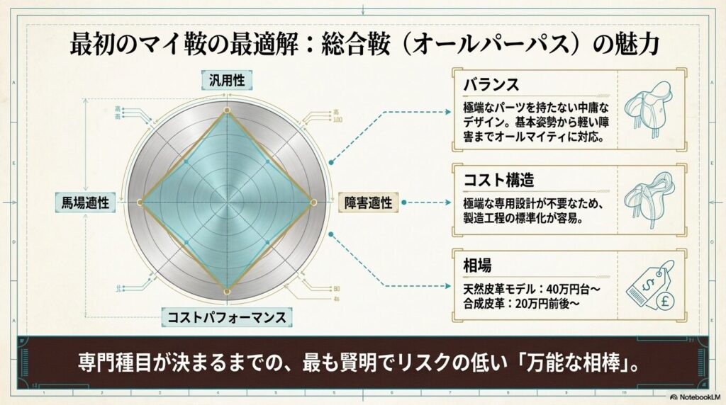 初心者の初めての乗馬鞍として最適な総合鞍のコストパフォーマンスと汎用性のレーダーチャート