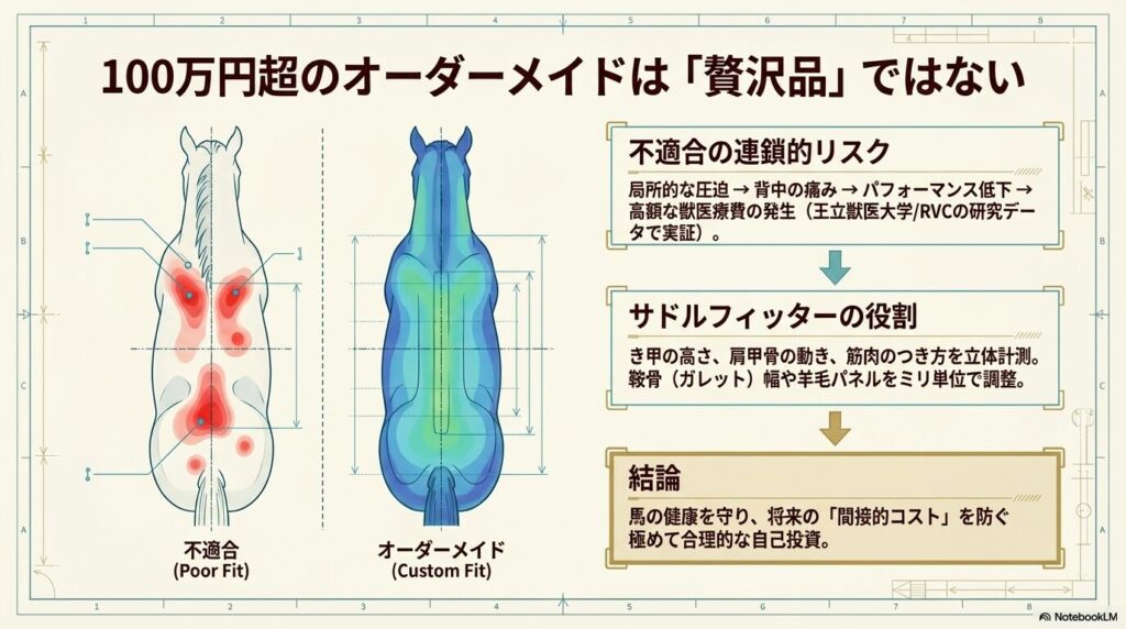 乗馬における鞍の不適合による局所的な圧迫と、オーダーメイド鞍のフィット感を示すヒートマップ