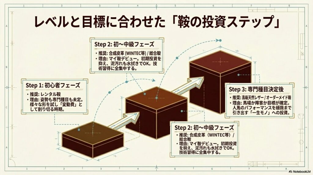 乗馬のレベルと目標に合わせた初心者から専門種目決定後までの鞍の投資ステップ