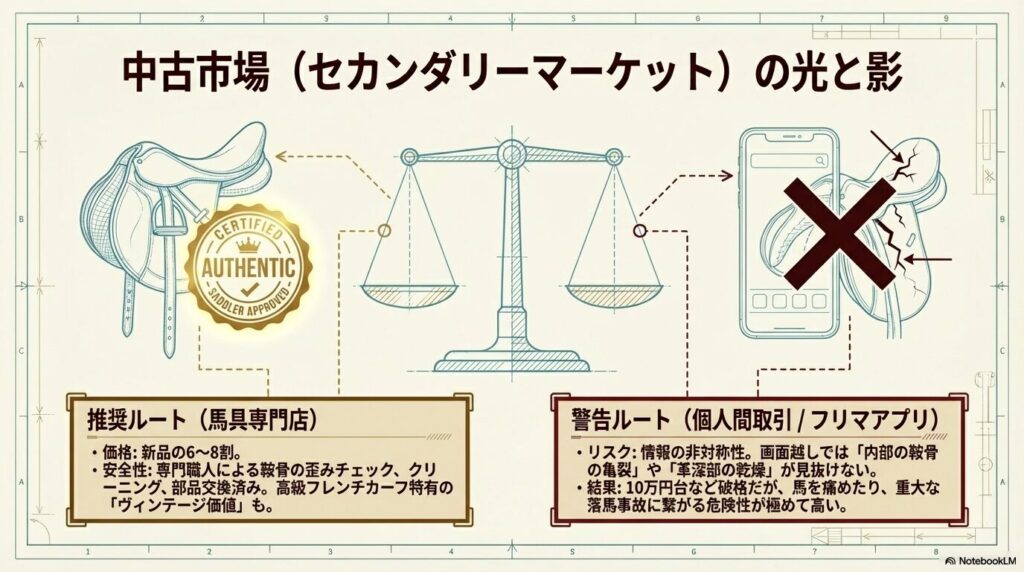 中古の乗馬の鞍における馬具専門店の安全性とフリマアプリでの個人間取引のリスク比較