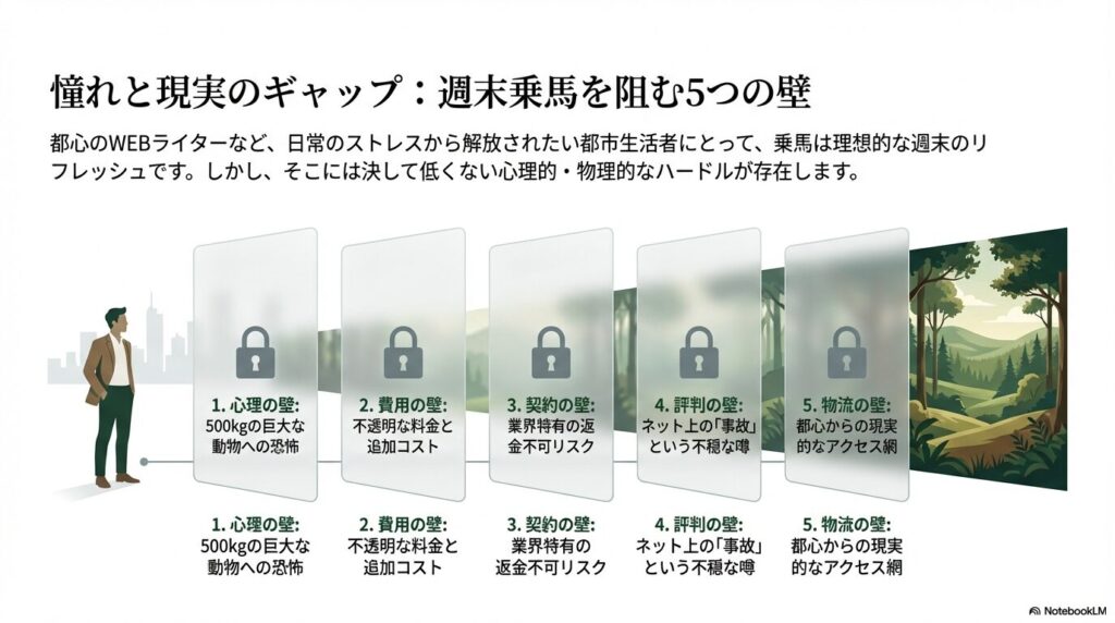 週末乗馬への憧れを阻む5つの壁(心理、費用、契約、評判、物流)