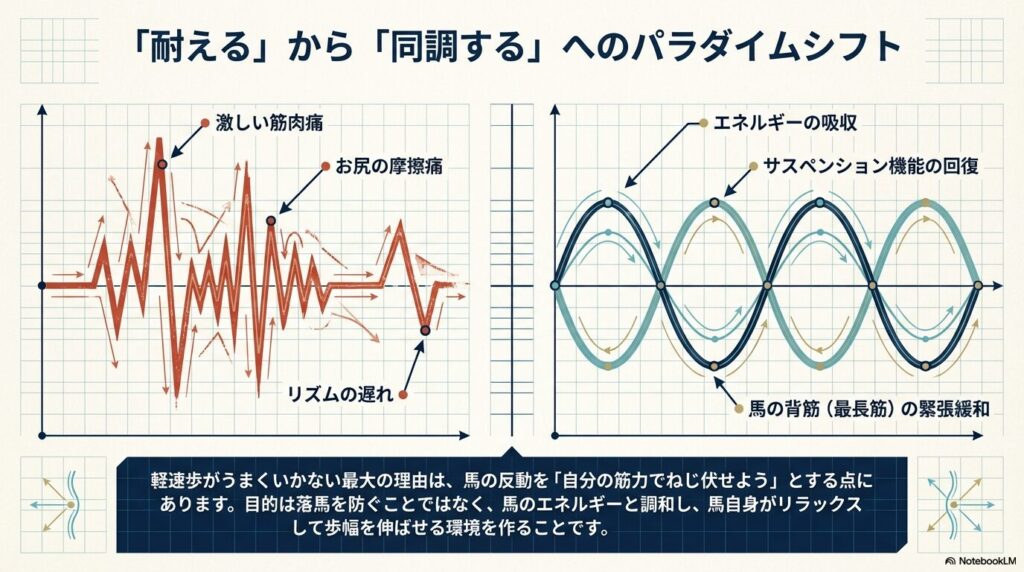 乗馬の軽速歩における反動の吸収と筋肉痛を比較した波形グラフ