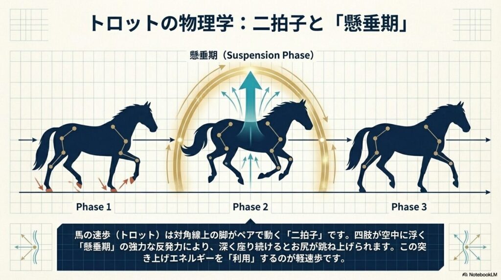 馬の速歩(トロット)における二拍子と懸垂期のメカニズム図解