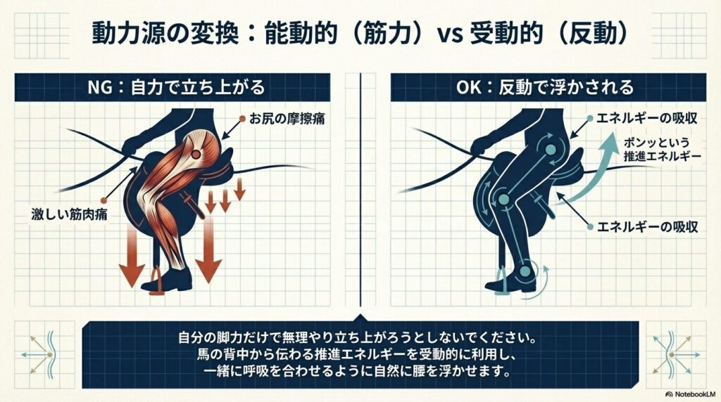 乗馬の軽速歩で自力で立つNG例と反動を利用するOK例の比較