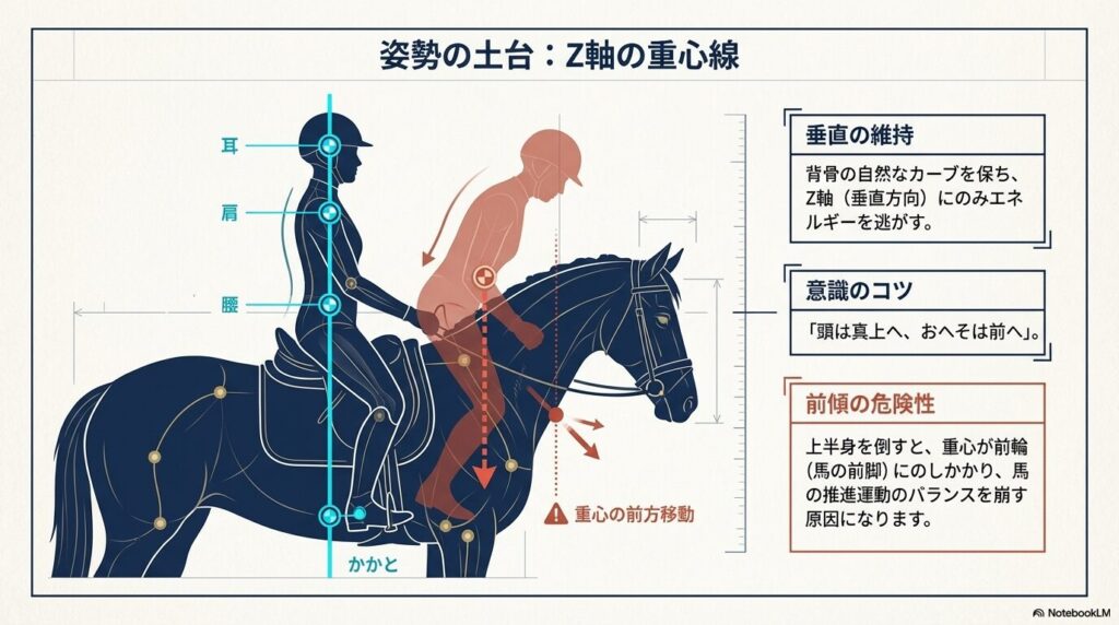 乗馬の軽速歩における正しい姿勢の土台となるZ軸の重心線