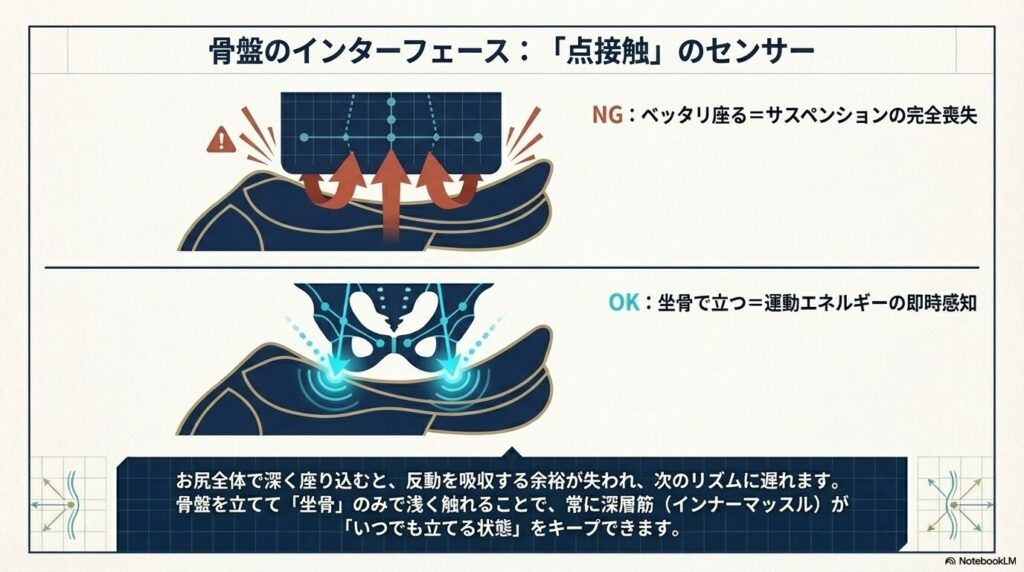 乗馬の軽速歩における坐骨の点接触とサスペンション機能の図解