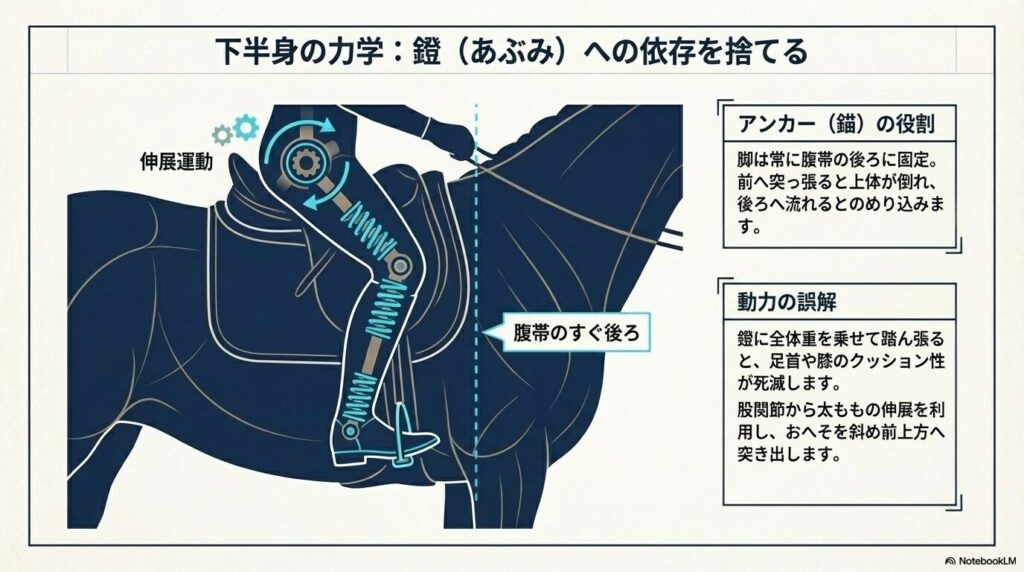 乗馬の軽速歩で鐙に依存しない下半身の力学と脚の固定位置