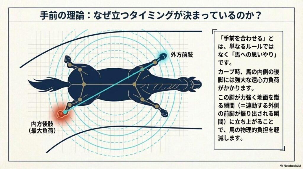 乗馬の軽速歩で手前を合わせる理由となる内方後肢への負荷図解