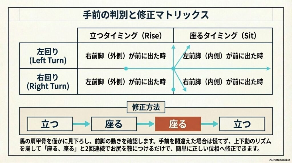乗馬の軽速歩における左右の手前の判別と立つ座るタイミング表