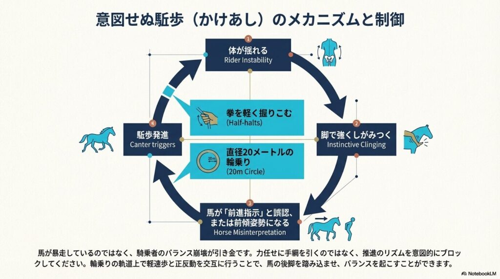 乗馬の軽速歩中に意図せぬ駈歩が発進してしまうメカニズムと制御方法