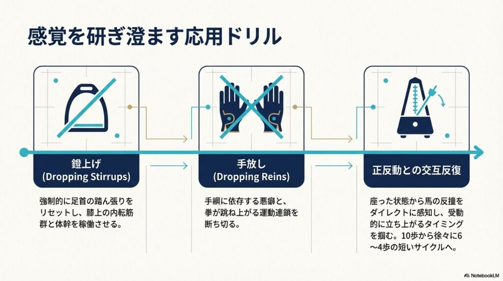 乗馬の軽速歩上達に向けた鐙脱ぎや手放しなどの応用ドリル