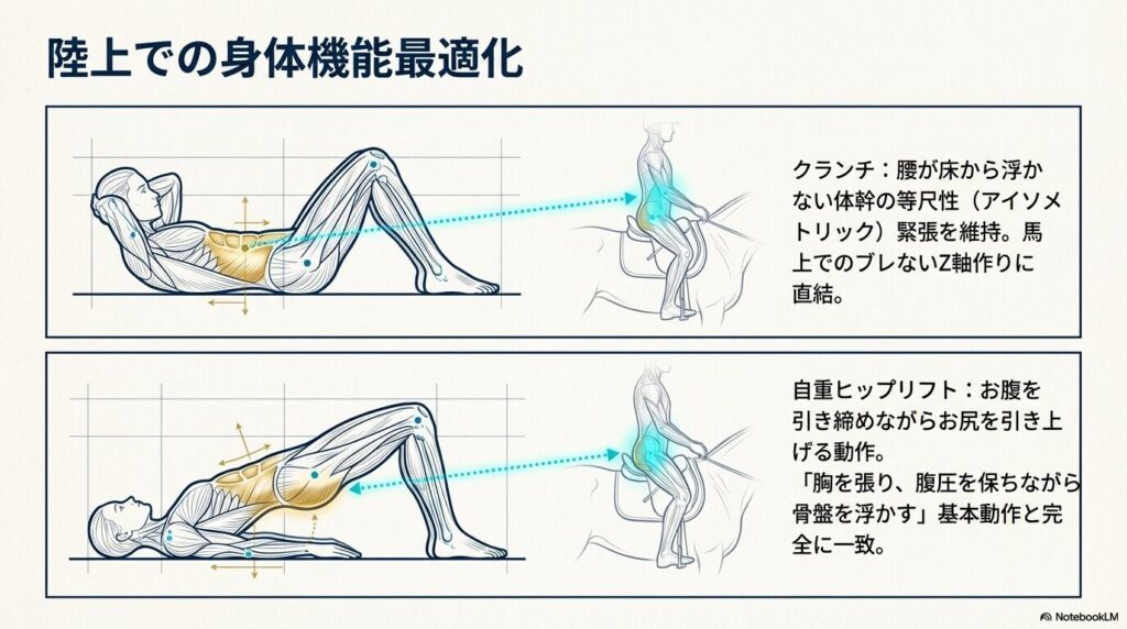 乗馬の軽速歩に必要な体幹を鍛えるクランチなど陸上での身体機能最適化