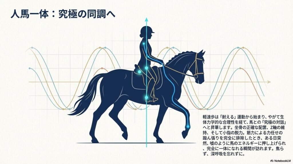 究極の同調を果たし乗馬の軽速歩で人馬一体となった騎乗姿勢