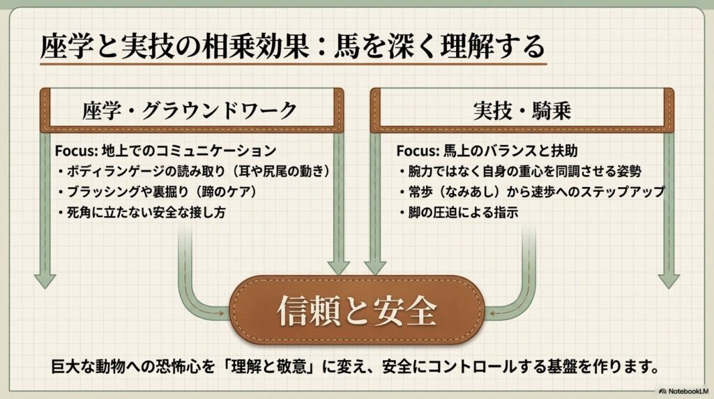 乗馬の座学と実技の相乗効果を示すカリキュラム図解