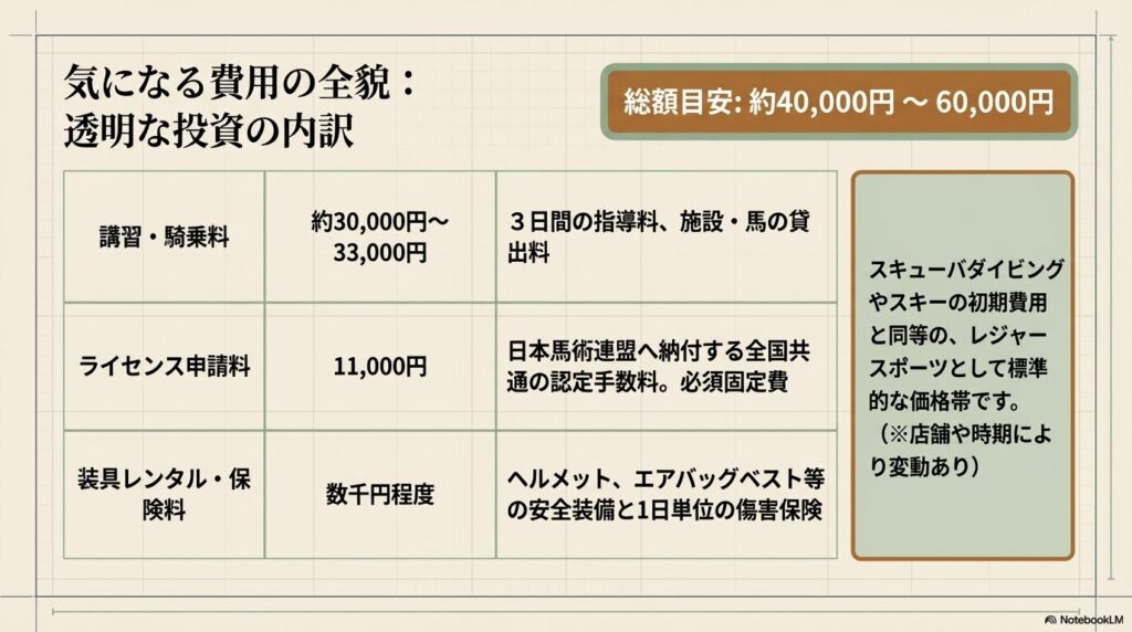 乗馬5級ライセンス取得にかかる約4万円から6万円の総費用内訳