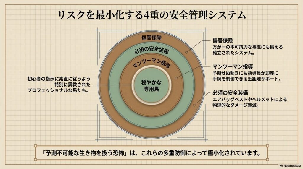 専用馬やマンツーマン指導など、落馬リスクを最小化する4重の安全管理システム