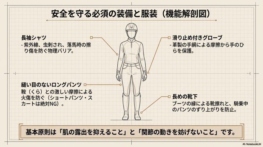 落馬時の怪我を防ぐ長袖シャツや縫い目のないロングパンツなどの推奨される服装