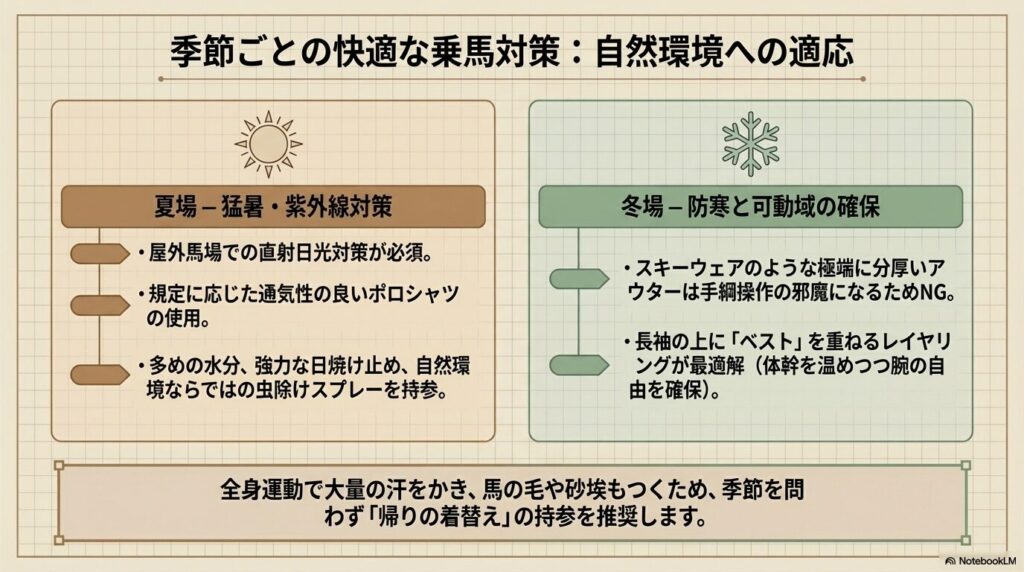 夏の紫外線対策や冬の防寒など、季節ごとの乗馬対策と持ち物