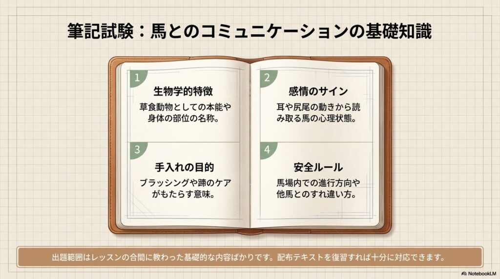 生物学的特徴や安全ルールなど、筆記試験で出題される馬とのコミュニケーションの基礎知識