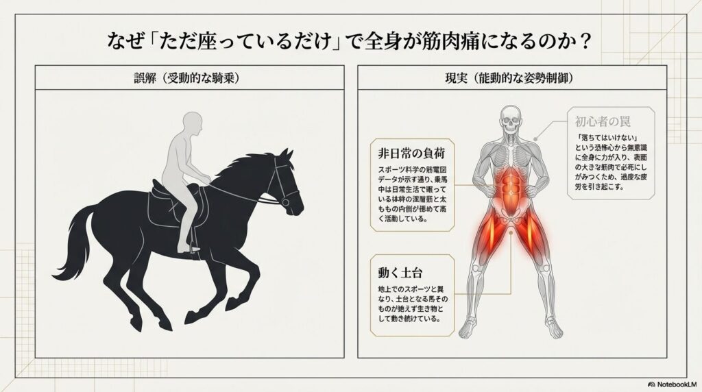 乗馬初心者の受動的な騎乗姿勢と熟練者のインナーマッスルを使った能動的な姿勢制御の比較