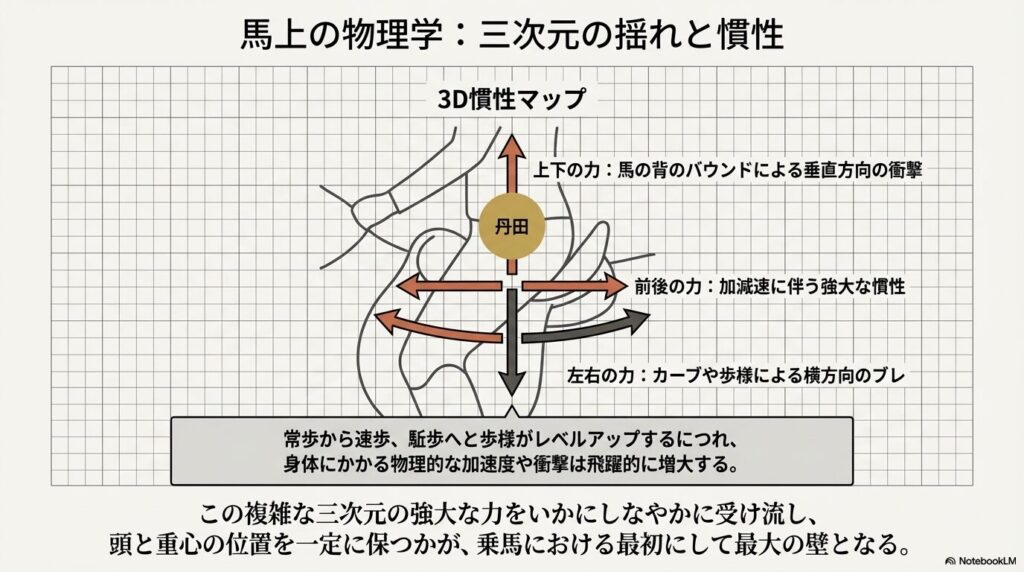 乗馬中に騎乗者の身体にかかる上下・前後・左右の三次元の揺れと強大な慣性を示すマップ