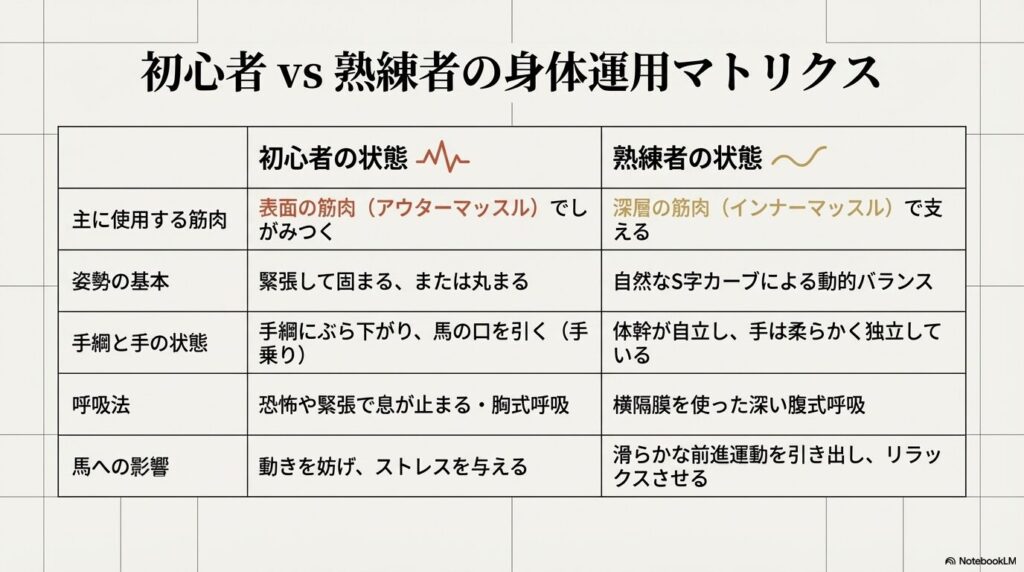 乗馬の初心者と熟練者における筋肉の使い方、姿勢、手綱の持ち方、呼吸法の違いを比較したマトリクス表
