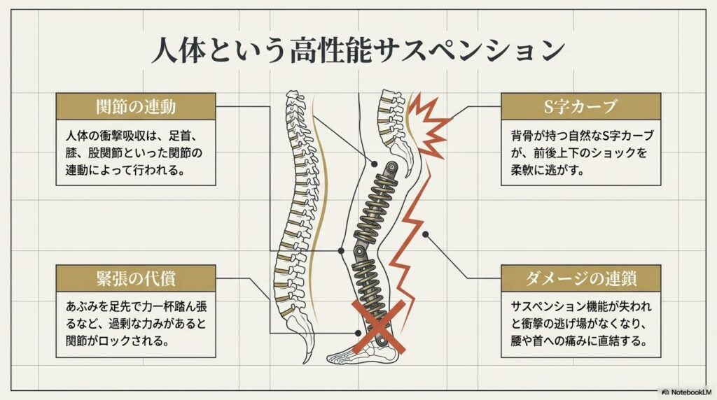 足首、膝、股関節の連動と背骨のS字カーブによる、人体の衝撃吸収（サスペンション）メカニズムを図解