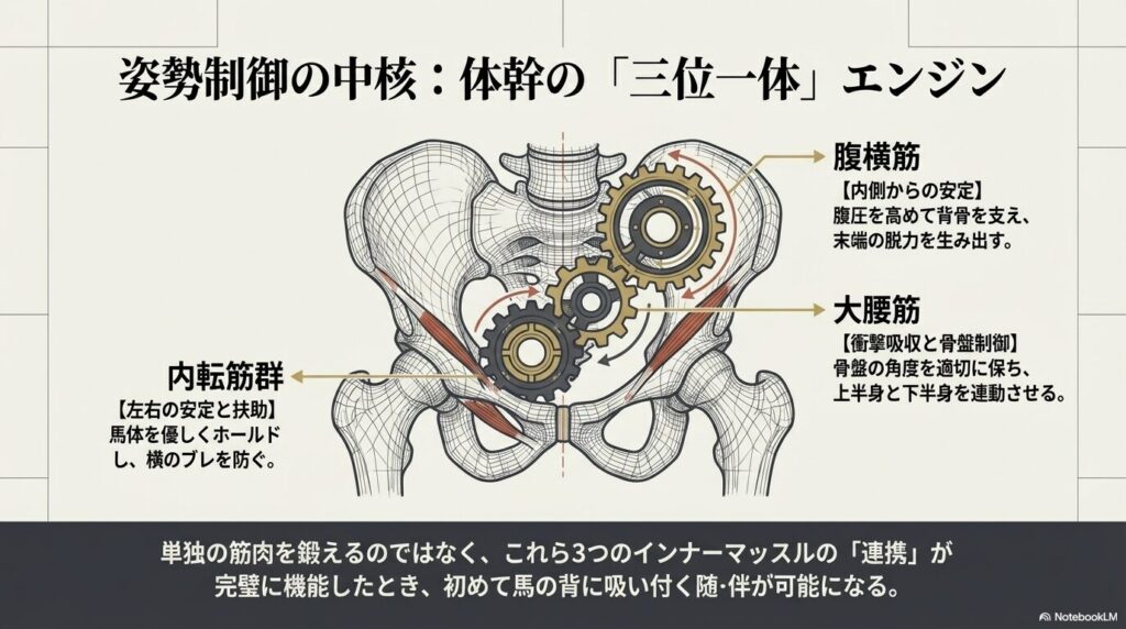 乗馬の姿勢制御の中核となる内転筋群、腹横筋、大腰筋の連携を示す歯車の図