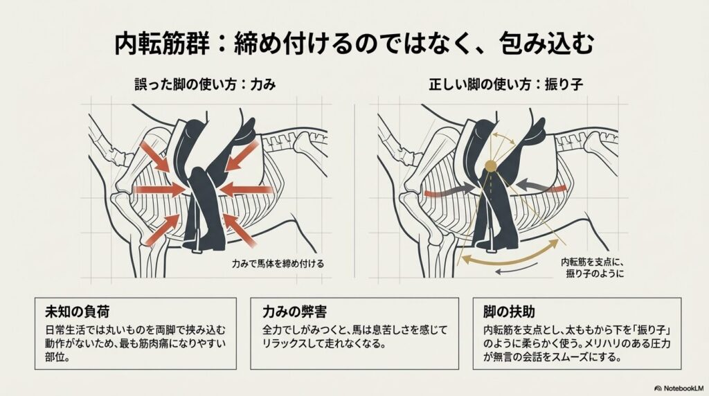 乗馬における内転筋を支点とした正しい脚の扶助と、力みによる誤った使い方の違い