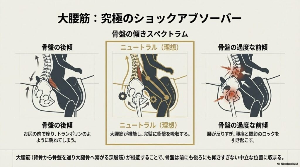 乗馬中の大腰筋の働きによる骨盤のニュートラルな角度と、前傾・後傾による影響の比較