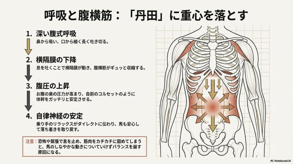深い腹式呼吸による横隔膜の下降と腹圧の上昇で丹田に重心を落とすメカニズム