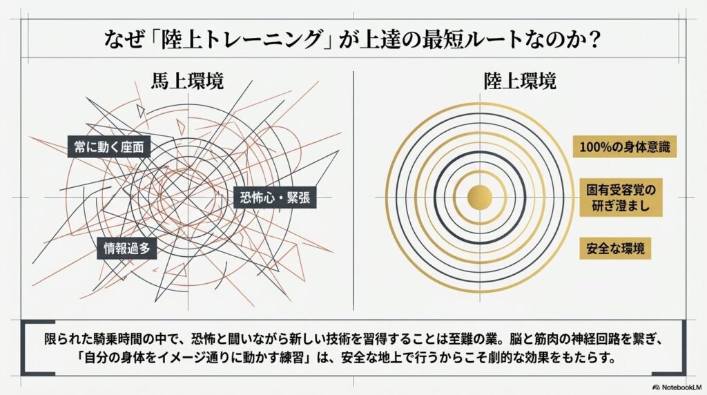 常に動く馬上環境と、安全で身体意識に集中できる陸上環境の比較図