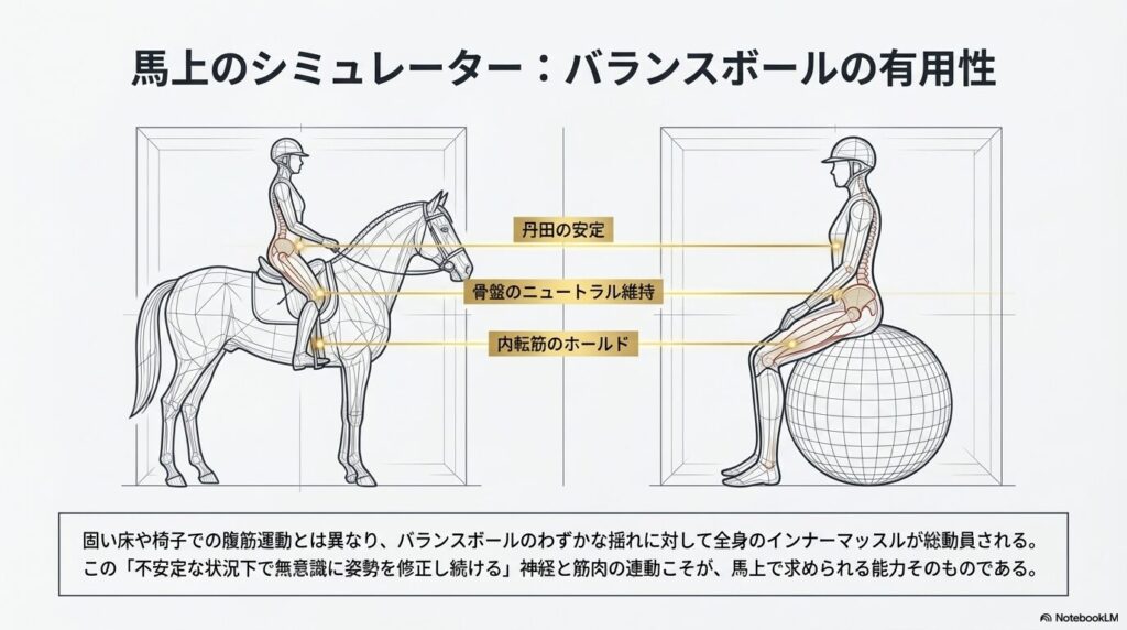 実際の騎乗姿勢とバランスボールを使ったシミュレーショントレーニングの共通点