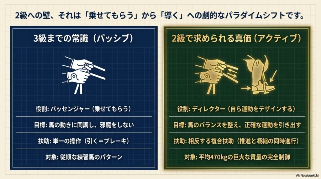 乗馬ライセンス2級で求められるアクティブな騎乗と3級までのパッシブな騎乗の役割・目標・扶助の違い