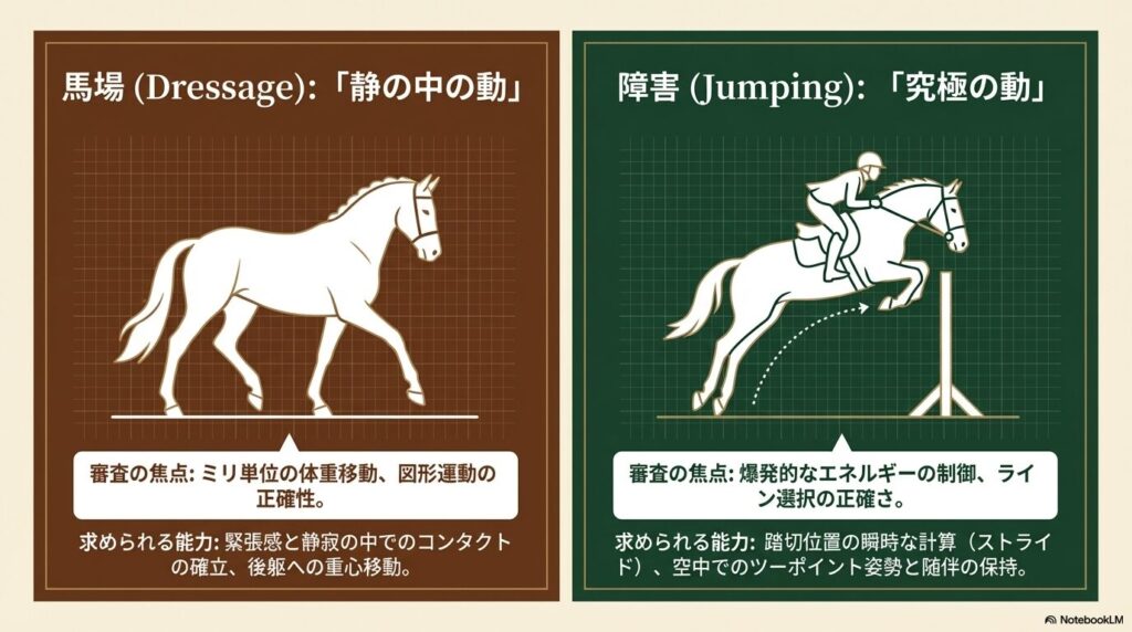 乗馬ライセンス2級における馬場馬術（静の中の動）と障害飛越（究極の動）の特徴比較