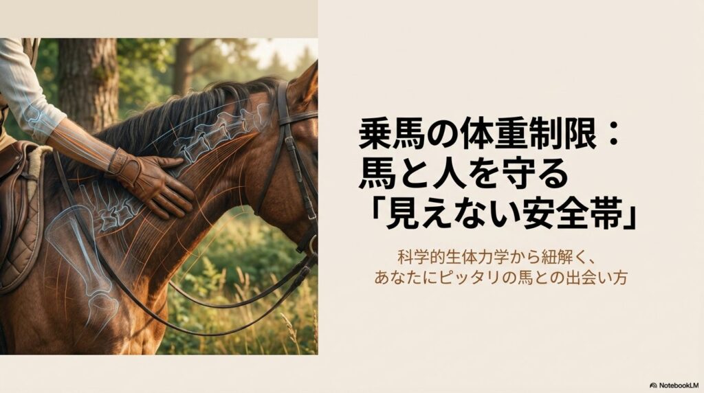 乗馬の体重制限の重要性を解説する表紙画像。馬の首や骨格のイラストが重ねられた馬と人の触れ合いシーン。