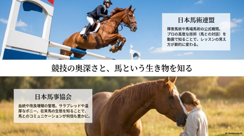 競技としての馬術を知る「日本馬術連盟」と、馬の品種や血統を守る「日本馬事協会」