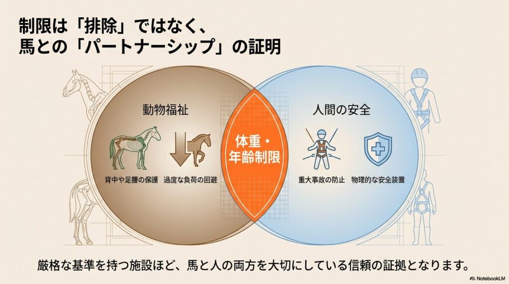 動物福祉と人間の安全の重なりを体重・年齢制限として示したベン図。背中や足腰の保護と重大事故防止の関係図。