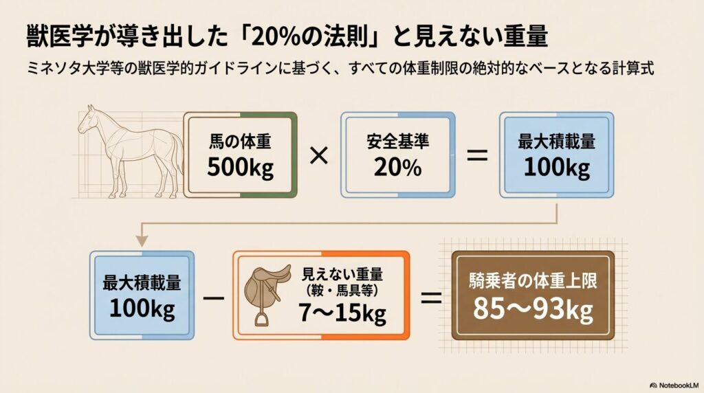 馬の体重500kgに対する20%の法則（最大積載量100kg）から馬具の重量7-15kgを引いた、騎乗者の体重上限85-93kgを示す計算図。