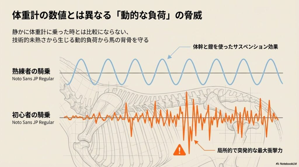 熟練者と初心者の騎乗時の負荷を比較した波形グラフ。初心者の騎乗で局所的かつ突発的な最大衝撃力が発生する様子を示した図。