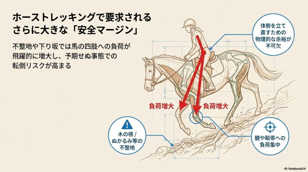 不整地や下り坂を歩く馬の四肢に負荷が増大する様子を示した生体力学図。木の根やぬかるみでの転倒リスクの解説。
