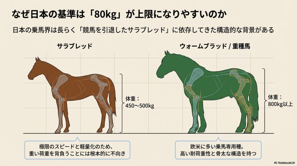 サラブレッド（450-500kg）とウォームブラッド・重種馬（800kg以上）の体格・骨格を比較したイラスト。