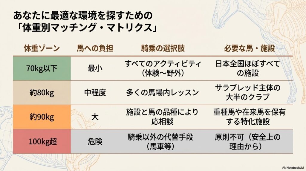 体重70kg以下、80kg、90kg、100kg超の4段階に分けた、馬への負担と騎乗の選択肢をまとめたマッチング・マトリクス表。