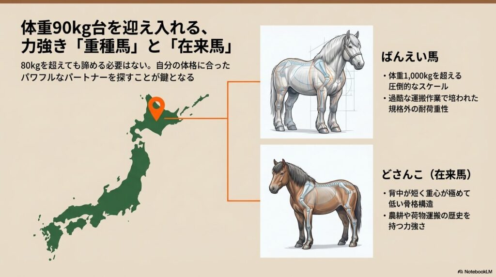 ばんえい馬（重種馬）とどさんこ（在来馬）の力強い体格を示したイラスト。高い耐荷重性と骨格構造の解説。